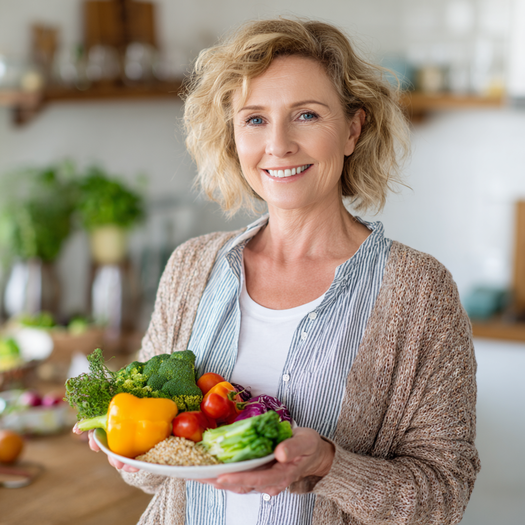 Smiling middle-aged Ukrainian woman holding a colorful bowl of healthy food, sitting at a wooden kitchen table with natural lighting