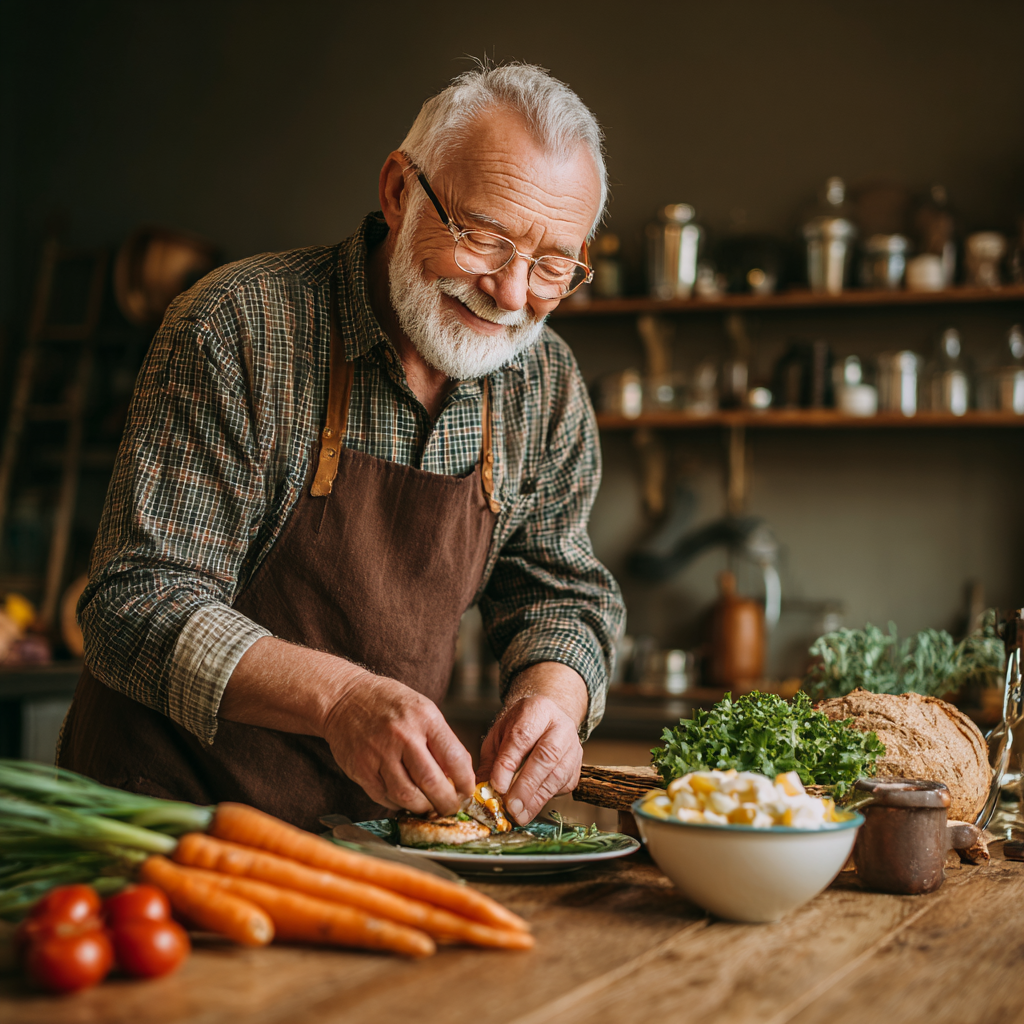Cheerful Ukrainian elderly man preparing healthy snacks in a bright kitchen, arranging nuts, fruits and vegetables on a wooden cutting board
